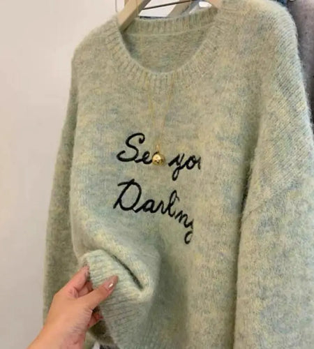 Vintage Women Green Letter Embroidery Round Neck Pullover Sweater Autumn Winter Warm Korean Fashion Long Sleeved Knitwear Tops