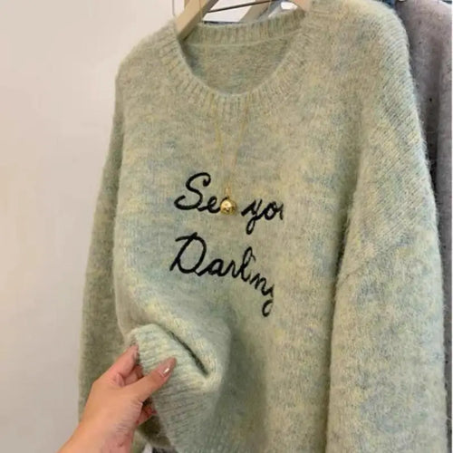 Load image into Gallery viewer, Vintage Women Green Letter Embroidery Round Neck Pullover Sweater Autumn Winter Warm Korean Fashion Long Sleeved Knitwear Tops
