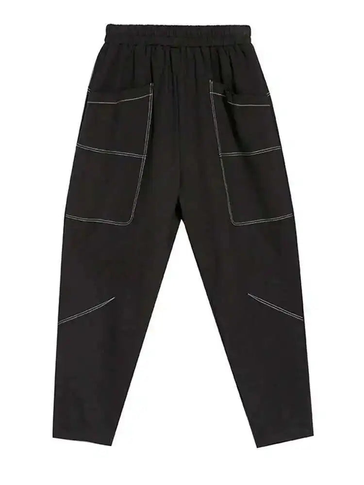 High Elastic Waist Black Pocket Topstitched Long Harem Pants New Trousers Women Fashion Tide Spring Autumn 2025 1DH7067