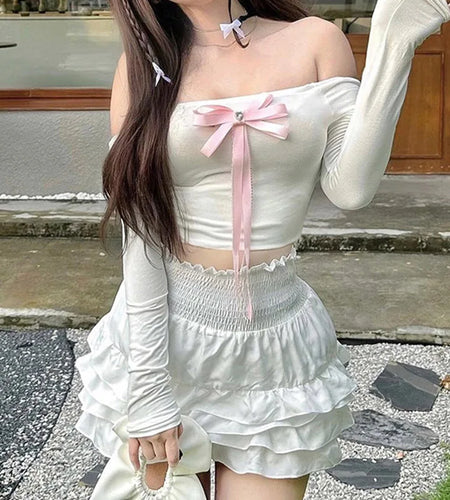 Korean Style Women Tee Shirts Slim Sweet Japanese Y2K Bow Crop Top Off Shoulder Coquette Clothing T shirt Kawaii Fall