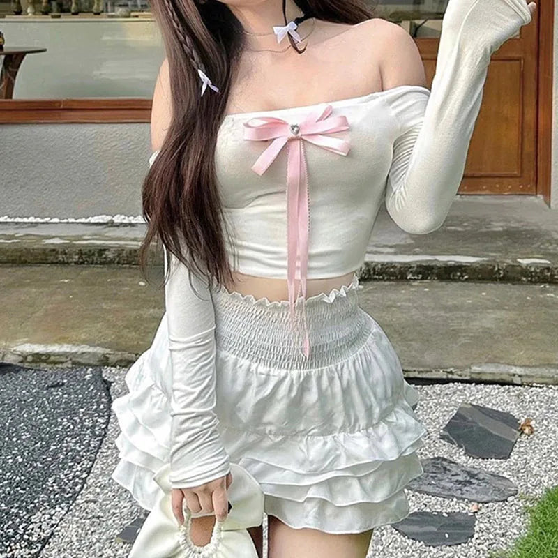 Korean Style Women Tee Shirts Slim Sweet Japanese Y2K Bow Crop Top Off Shoulder Coquette Clothing T shirt Kawaii Fall