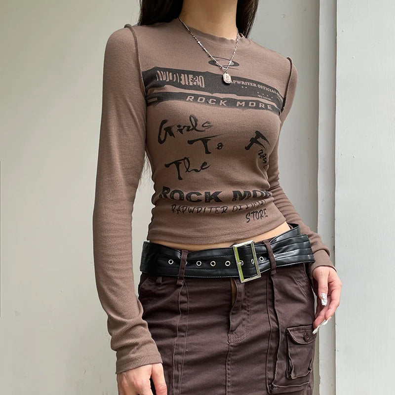 Y2K Streetwear Knit Graphic T shirts Print Bodycon Long Sleeve Autumn Tee Pullover Harajuku Slim O-Neck Top Aesthetic