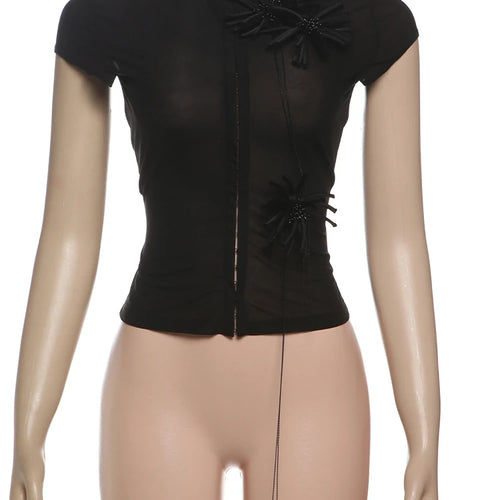 Load image into Gallery viewer, See Through t-Shirt Women Single-Breasted Half-High Neck Tassel Midnight Hottie Versatile Street Skinny Fashionable Tops
