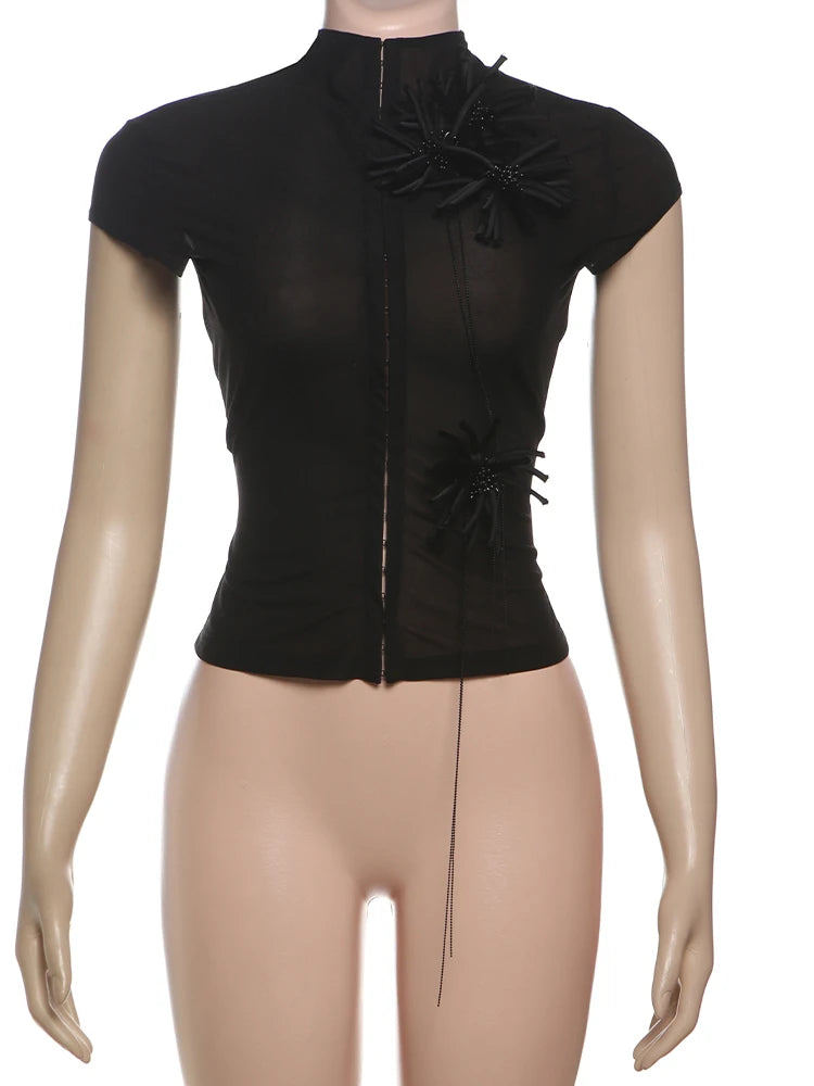 See Through t-Shirt Women Single-Breasted Half-High Neck Tassel Midnight Hottie Versatile Street Skinny Fashionable Tops