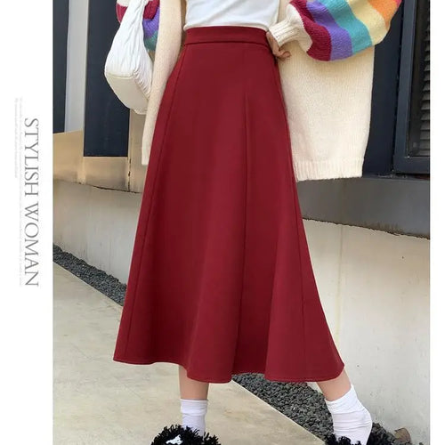 Load image into Gallery viewer, Black Woolen Long Skirt Women Autumn Winter Brown Vintage Elegant Female A Line High Waist Red Umbrella Skirt Thick Fashion
