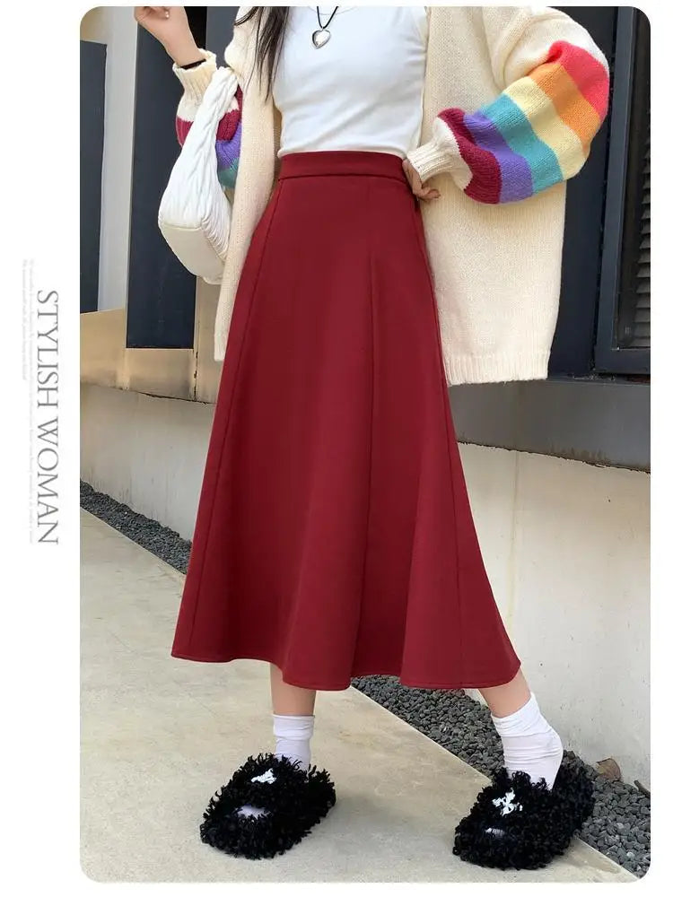 Black Woolen Long Skirt Women Autumn Winter Brown Vintage Elegant Female A Line High Waist Red Umbrella Skirt Thick Fashion
