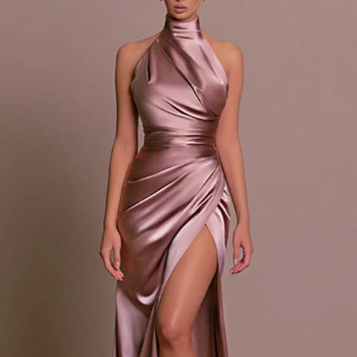 Load image into Gallery viewer, Satin Hanging Collar Sleeveless Split Slim Fit Dress Women Slim 2024 Summer New Long Dress Elegant Party Evening Dress
