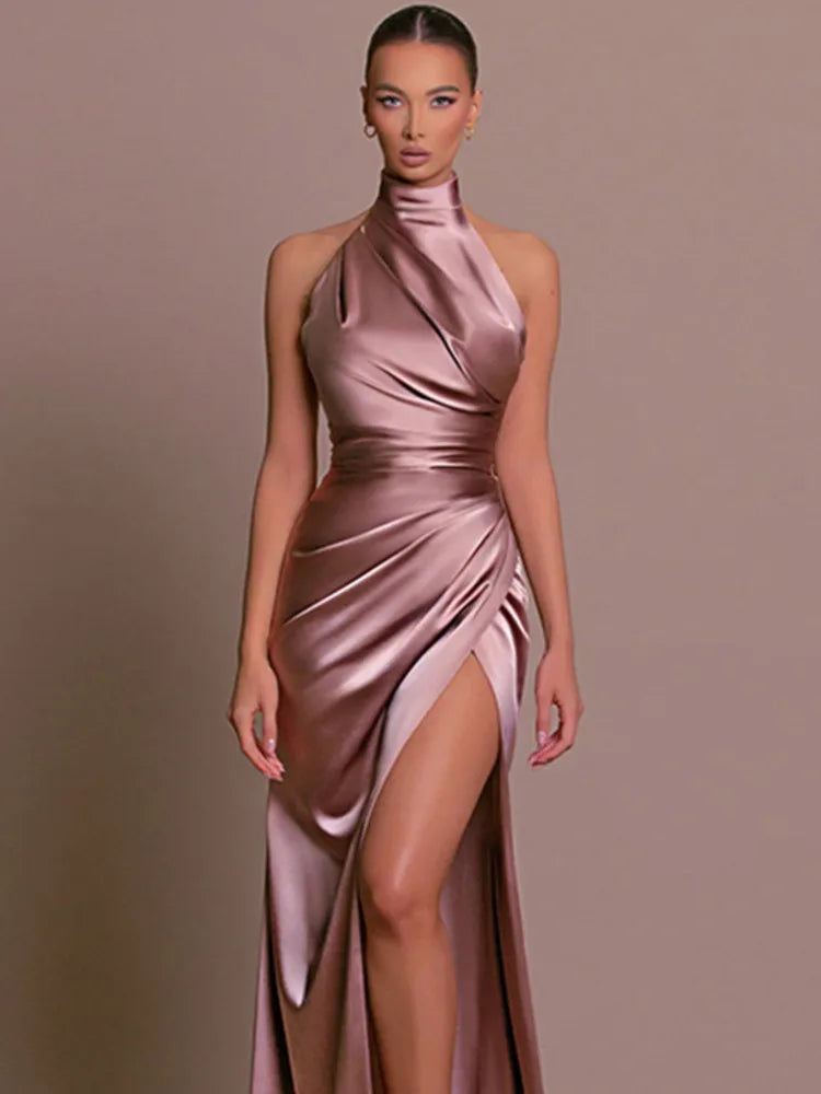 Satin Hanging Collar Sleeveless Split Slim Fit Dress Women Slim 2024 Summer New Long Dress Elegant Party Evening Dress