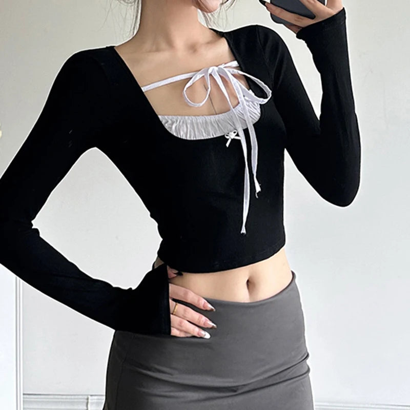 Fairycore Crop Tops y2k Clothes Women Square Neck Bow Tie Slim Fit Long Sleeve T Shirts Coquette Clothing Streetwear