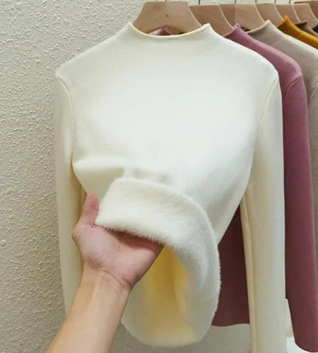 Autumn Winter Women Solid Half High Neck Velvet Sweater Korean Fashion Warm Knitwear Long Sleeve Pullovers Tops Thick Simplicity