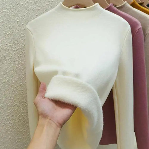 Load image into Gallery viewer, Autumn Winter Women Solid Half High Neck Velvet Sweater Korean Fashion Warm Knitwear Long Sleeve Pullovers Tops Thick Simplicity
