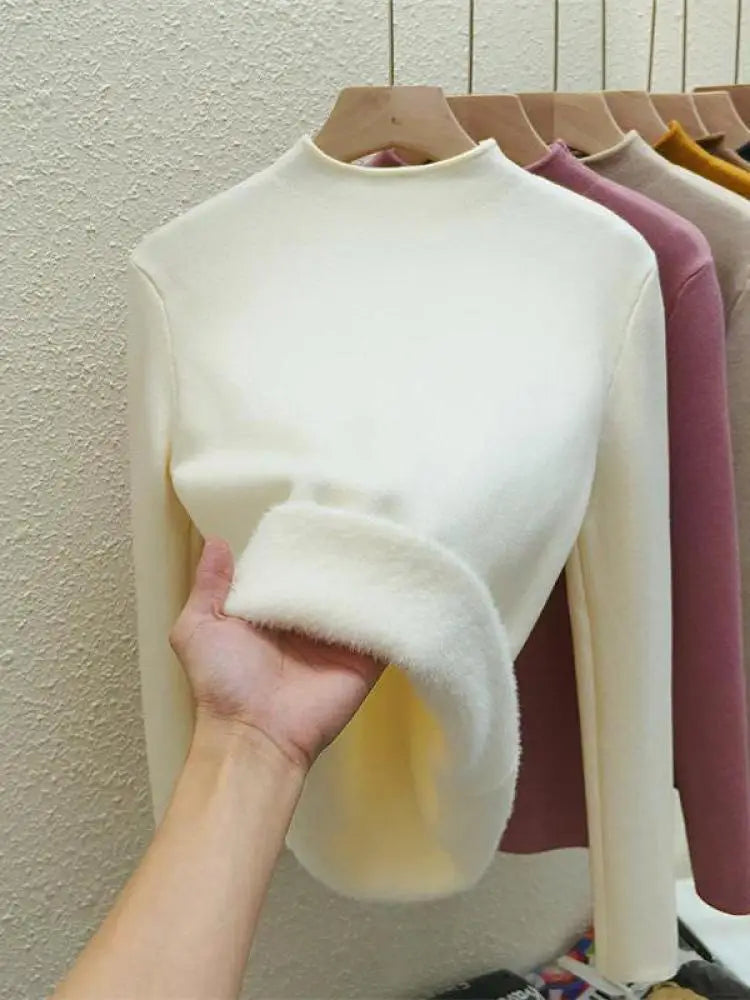 Autumn Winter Women Solid Half High Neck Velvet Sweater Korean Fashion Warm Knitwear Long Sleeve Pullovers Tops Thick Simplicity