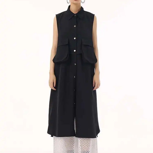 Load image into Gallery viewer, Women Black Shaped Pockets Big Size Midi Shirt Vest Dress New Lapel Sleeveless Fashion Tide Spring Autumn 2025 1DH9471
