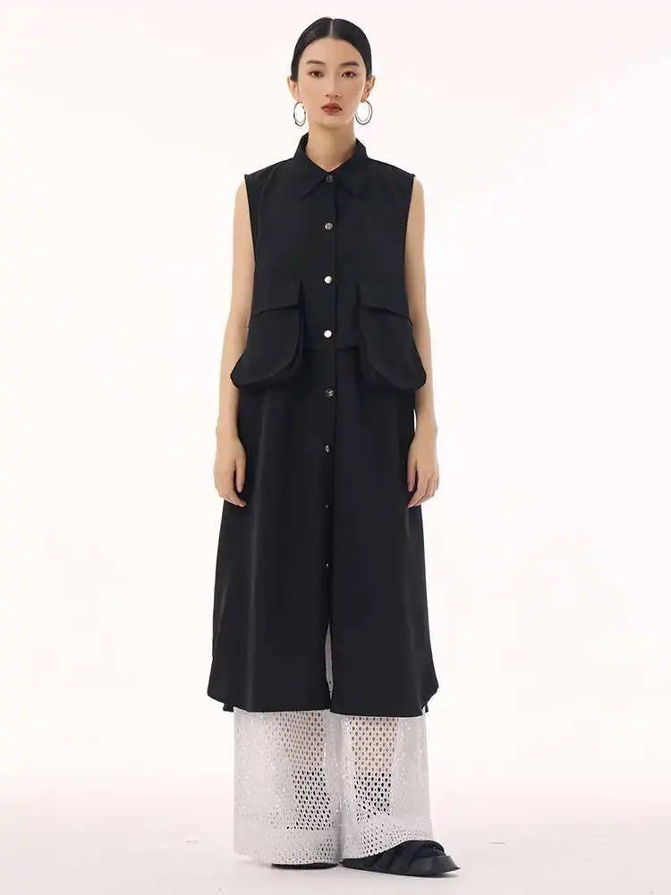Women Black Shaped Pockets Big Size Midi Shirt Vest Dress New Lapel Sleeveless Fashion Tide Spring Autumn 2025 1DH9471