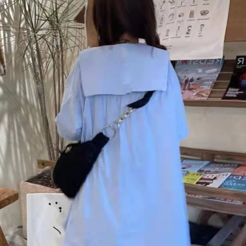 Load image into Gallery viewer, New Kawaii Turn-down Collar Blue Shirt Women Preppy Fashion Short Sleeve Oversize Blouse Female Clothing Streetwear Bow Cardigan
