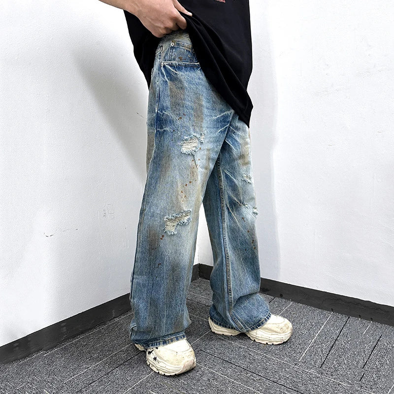 Men's Jeans New Summer Dirty Simple Straight Wide Leg Trendy Worn-out Pesonality Hole Male Loose Denim Pants 9W1862