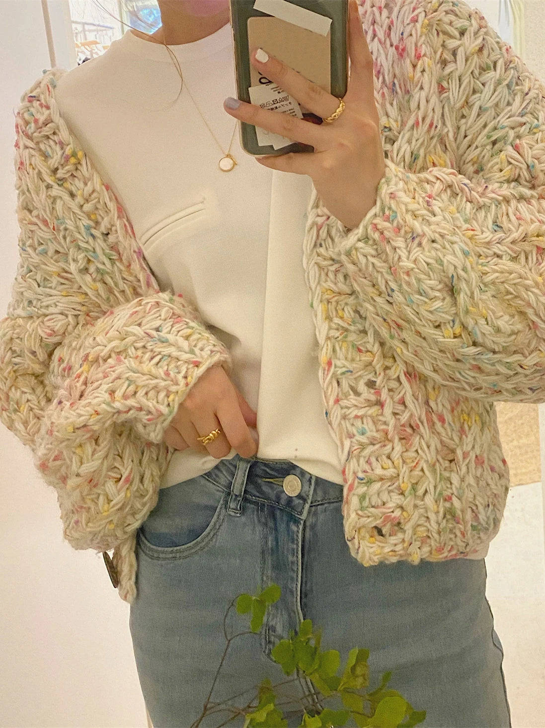 Handmade Chunky Knit Tops Women Fashion Cropped Knitted Cardigan Sweater Colourful Streetwear C-170