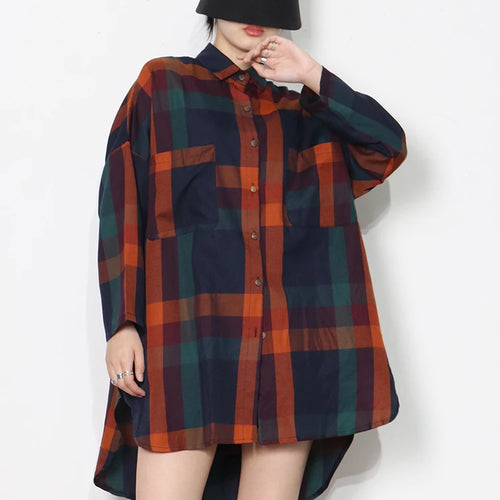 Load image into Gallery viewer, Plaid Colorblock Shirt For Women Lapel Long Sleeve Loose Slim Minimalist Button Through Blouse Female Clothing
