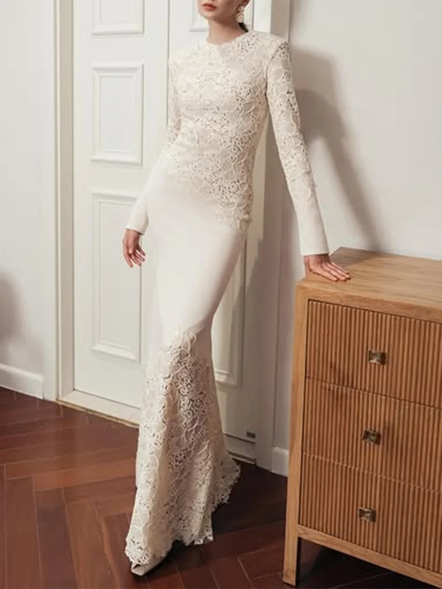 Solid Hollow Out Slimming Dresses For Women O Neck Long Sleeve Slimming Temperament Dress Female Fashion Style New