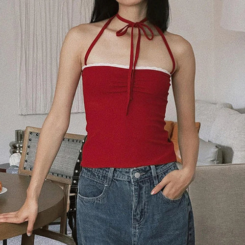 Load image into Gallery viewer, Fashion Red Lace Trim Folds Skinny Halter Top Summer Backless Off Shoulder Y2K Holidays Crop Top Sexy Women&#39;s Clothes
