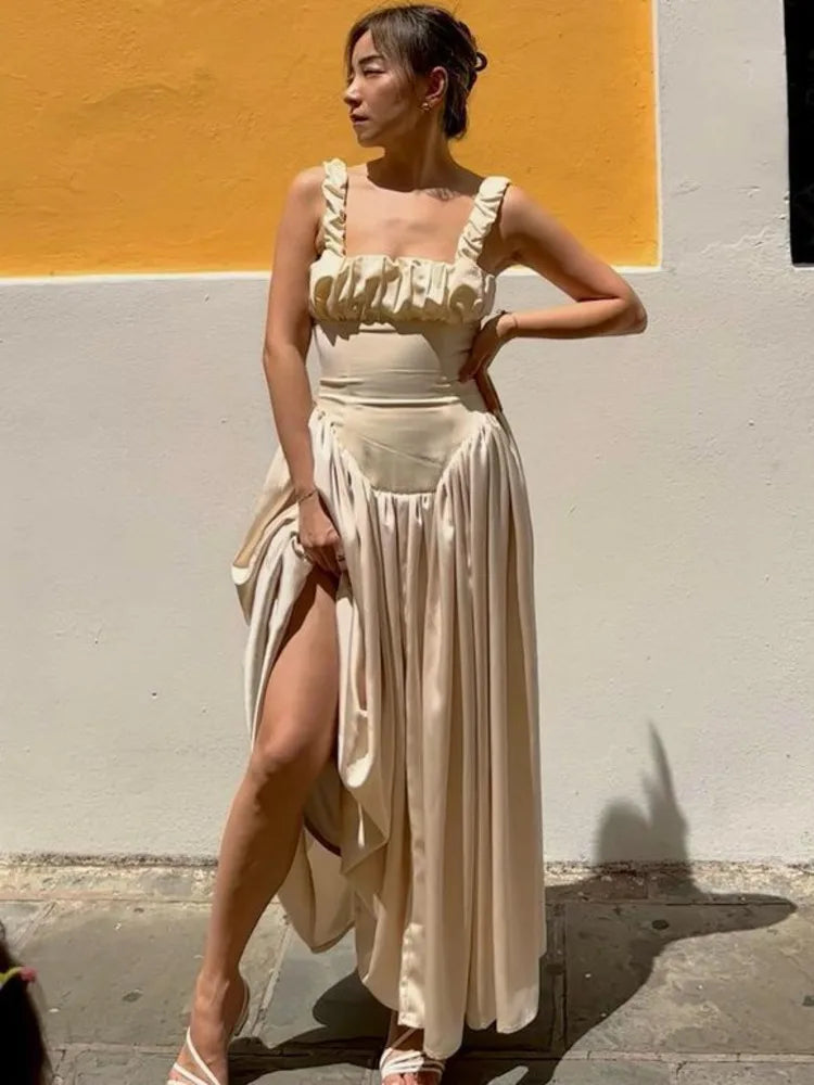 Elegant Sleeveless Satin Bodycon Dress Women's Pleated Slim Fit Long Dress Female Elegance Party Club Street Clothing