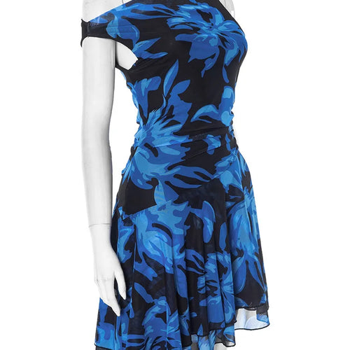 Load image into Gallery viewer, Blue Print Ruffled Sexy Mini Dress For Women Robe Irregular Oblique Shoulder Sleeveless Backless Club Party Dress Beach
