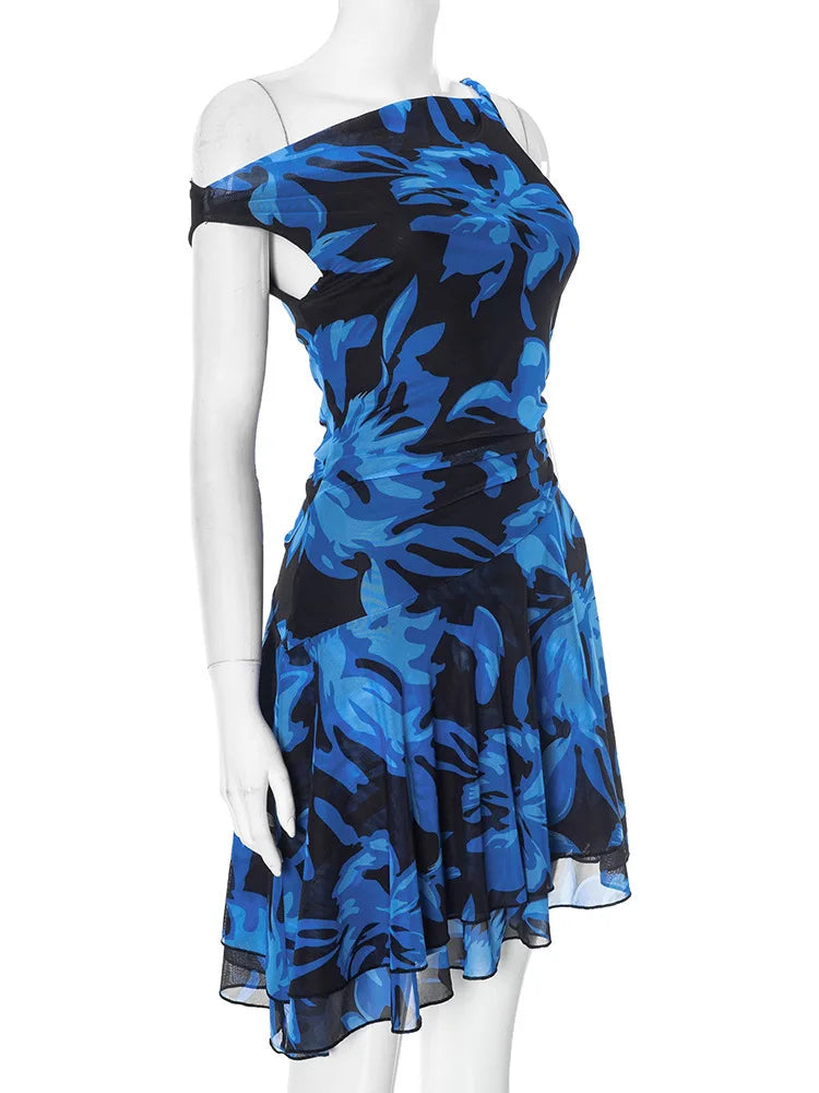 Blue Print Ruffled Sexy Mini Dress For Women Robe Irregular Oblique Shoulder Sleeveless Backless Club Party Dress Beach