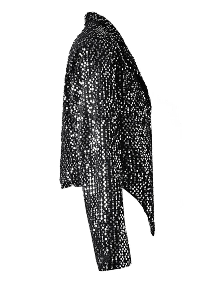 Women Black Irregular Hem Sequins Big Size Blazer New Lapel Long Sleeve Jacket Fashion Tide Spring Autumn 2025 CPG2606