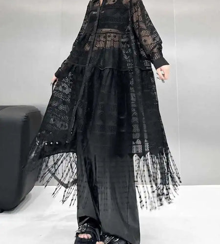 Women Black Lace Jacquard Perspective Big Size Shirt Dress New Lapel Long Sleeve Fashion Tide Spring Autumn 2025 1DH894201