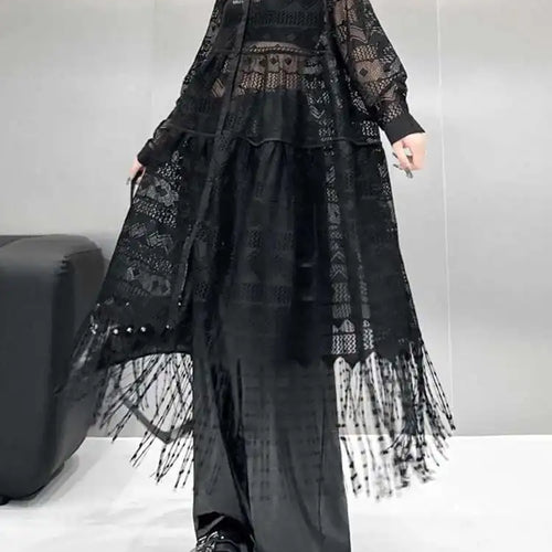 Load image into Gallery viewer, Women Black Lace Jacquard Perspective Big Size Shirt Dress New Lapel Long Sleeve Fashion Tide Spring Autumn 2025 1DH894201
