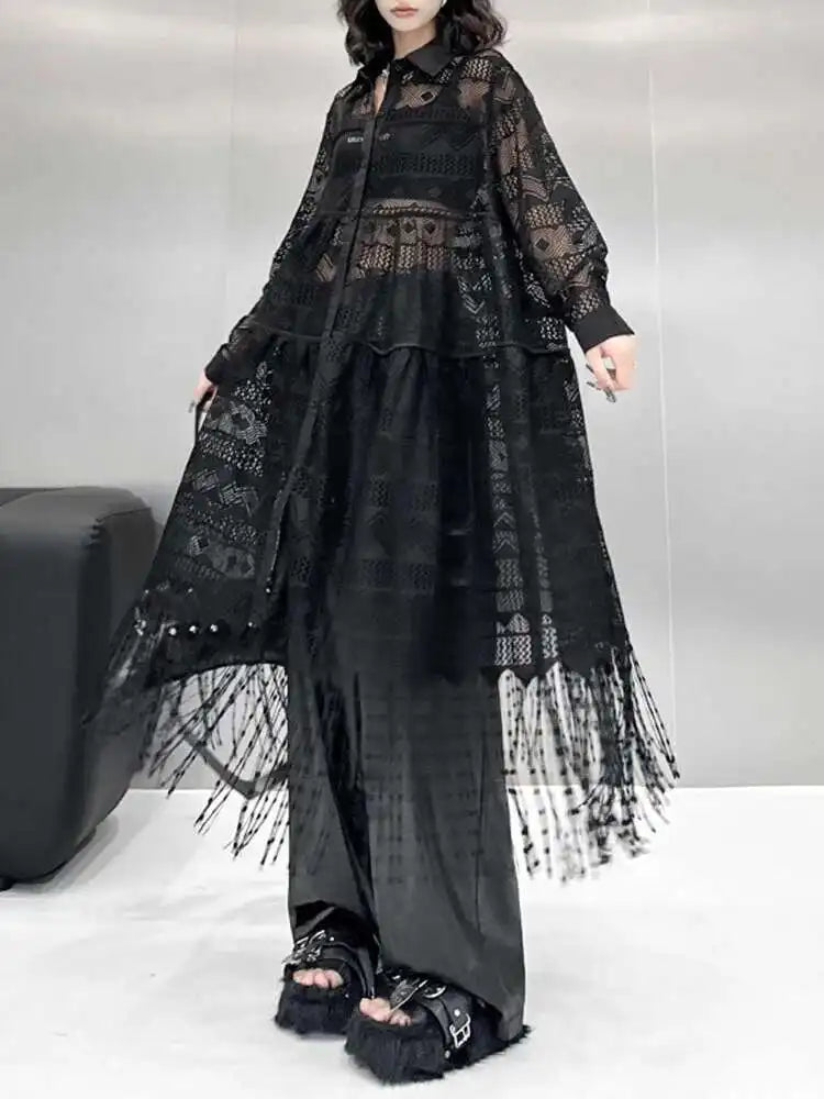 Women Black Lace Jacquard Perspective Big Size Shirt Dress New Lapel Long Sleeve Fashion Tide Spring Autumn 2025 1DH894201