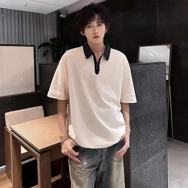 Men's T-shirts Short Sleeve Lapel Trendy Half Zipper New Summer Korean Style Pullover Male Fashionable Clothing 9W1916