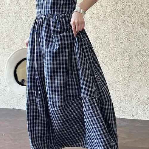Load image into Gallery viewer, Women Dark Blue Plaid Pocket Vintage Long Elegant Vest Dress New V-Neck Sleeveless Fashion Tide Spring Summer 2025 1DJ0667
