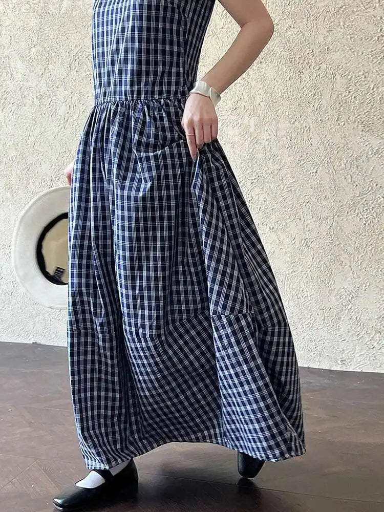 Women Dark Blue Plaid Pocket Vintage Long Elegant Vest Dress New V-Neck Sleeveless Fashion Tide Spring Summer 2025 1DJ0667