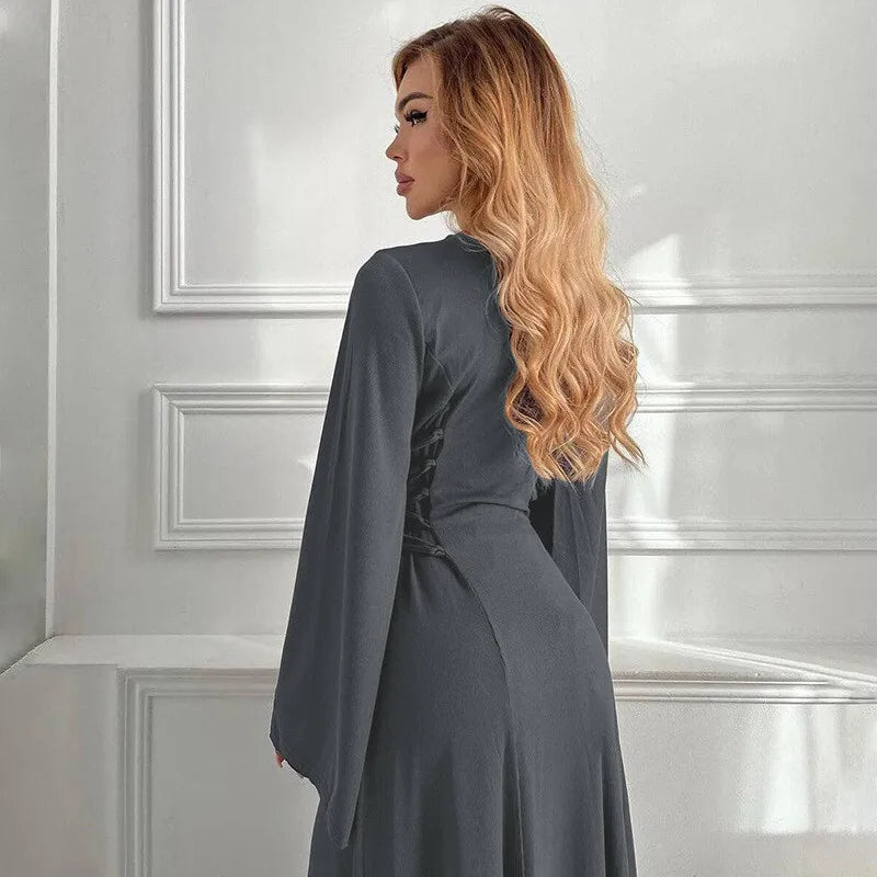 Ribbed Bandage Sexy Maxi Dress For Women Solid Lace-up O Neck Long Sleeve High Waist Elegant Long Dress Fashion