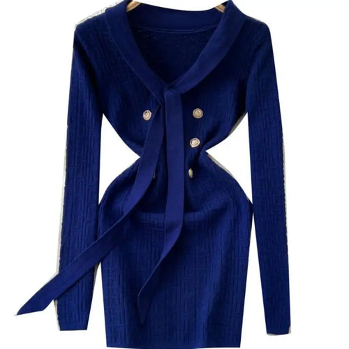 Load image into Gallery viewer, French Fashion Women Solid Elegant Button Bandage V Neck Short Dress Autumn Long Sleeves Knitted Sweater Mini Dress Trend Simple
