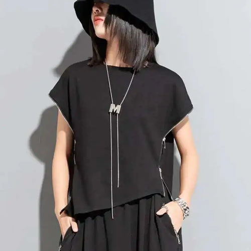 Load image into Gallery viewer, Women Black Zipper Irregular Big Size Casual T-shirt New Round Neck Sleeveless Fashion Tide Spring Summer 2025 1DF7632
