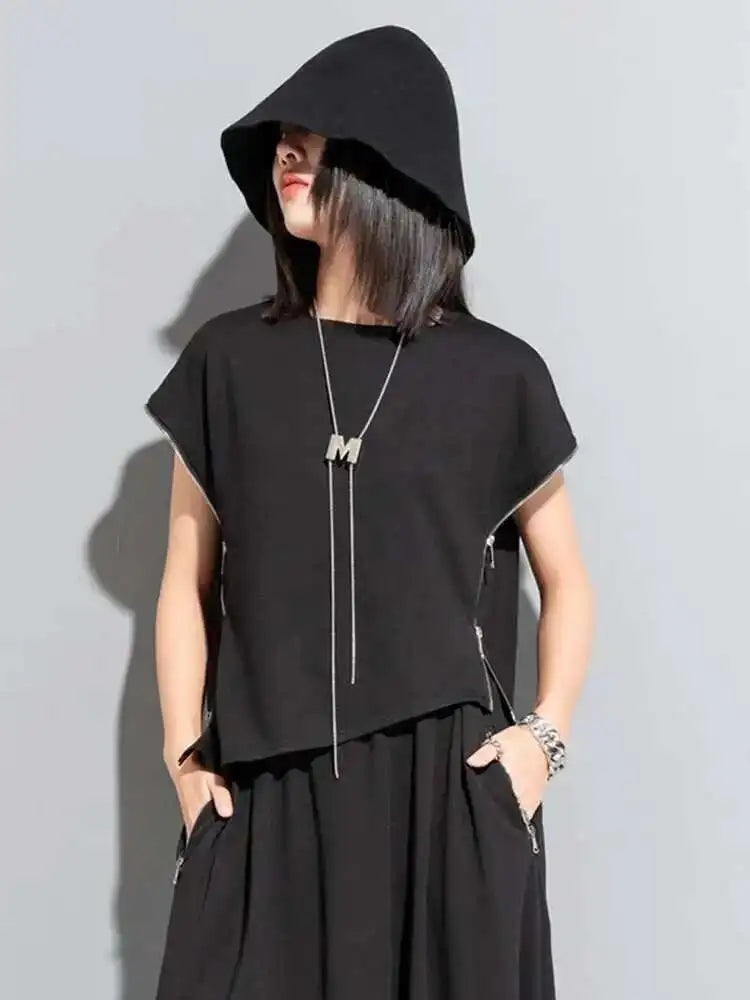 Women Black Zipper Irregular Big Size Casual T-shirt New Round Neck Sleeveless Fashion Tide Spring Summer 2025 1DF7632
