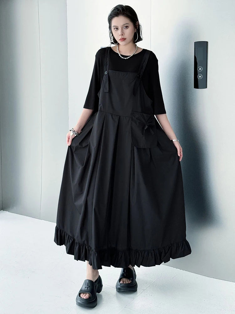 Women Black Ruffles Pocket Big Size Midi Strap Dress New Square Collar Sleeveless Fashion Tide Spring Autumn 2025 1DJ1158