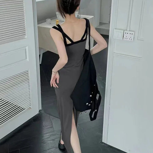 Load image into Gallery viewer, Sexy Backless Slip Midi Split Dresses Women Korean Fashion Spaghetti Strap Vintage Casual Black Dress Summer Sundress
