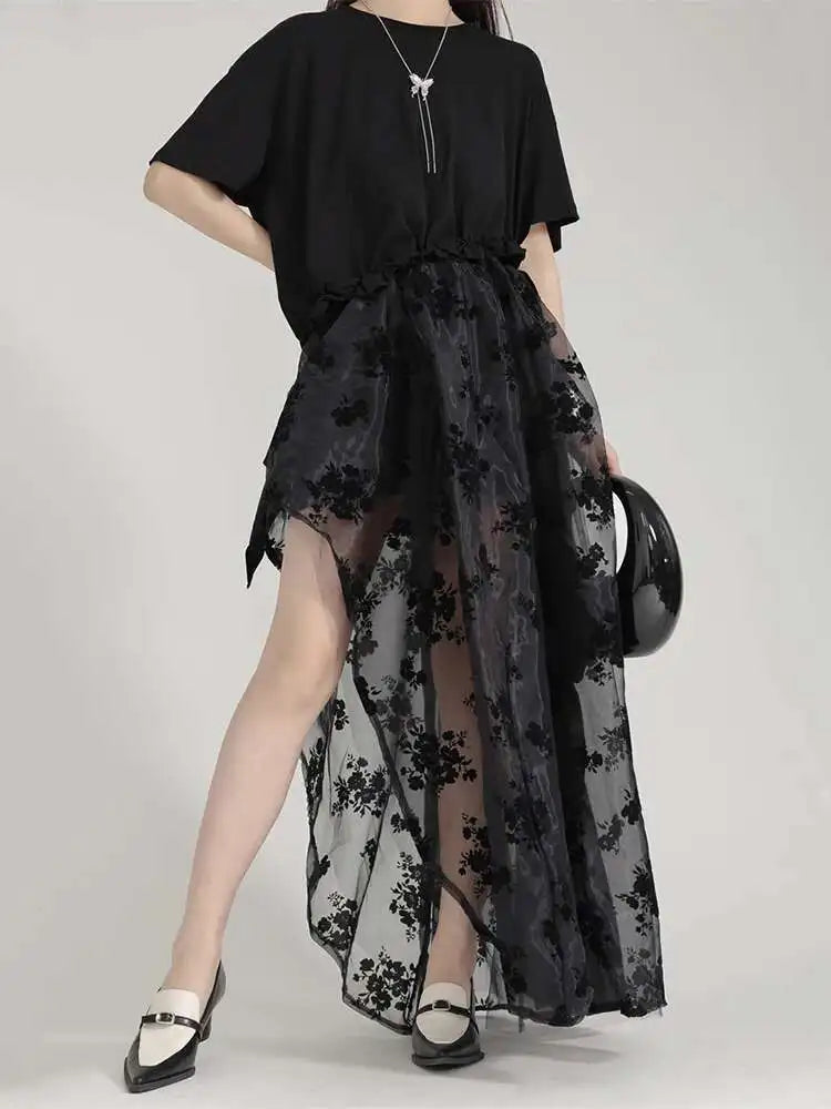 High Waist Black Lace Organza Perspective A-line Half-body Skirt Women Fashion Tide New Spring Autumn 2025 1DH6041