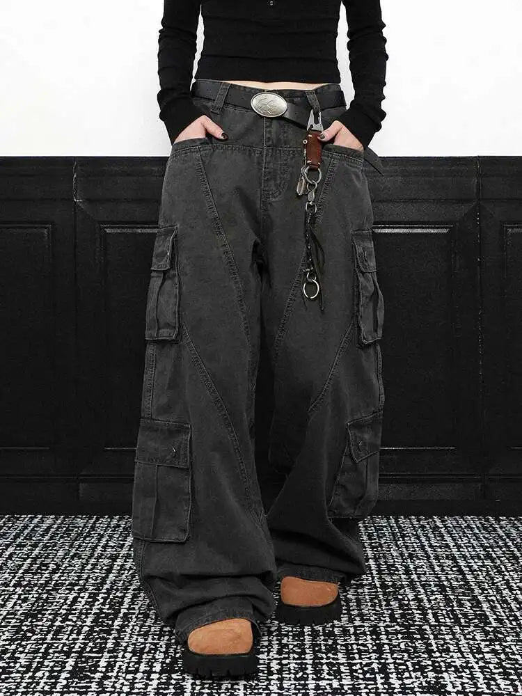 High Waist Gray Pockets Denim Long Vintage Wide Leg Jeans New Women Trousers Fashion Tide Spring Autumn 2025 1DH9390