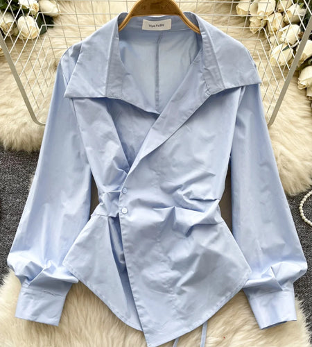 Retro Women's Spring Solid Festival Button Pleated Irregular Shirts New Temperament Office Business Commuting Blouse Trendy Tops