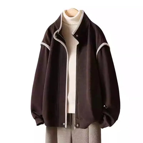 Load image into Gallery viewer, Autumn Fashion Women Brown Patchwork Short Jacket Korean Long Sleeve Zipper Coat Loose Casual Holiday Tops Popular Streetwear
