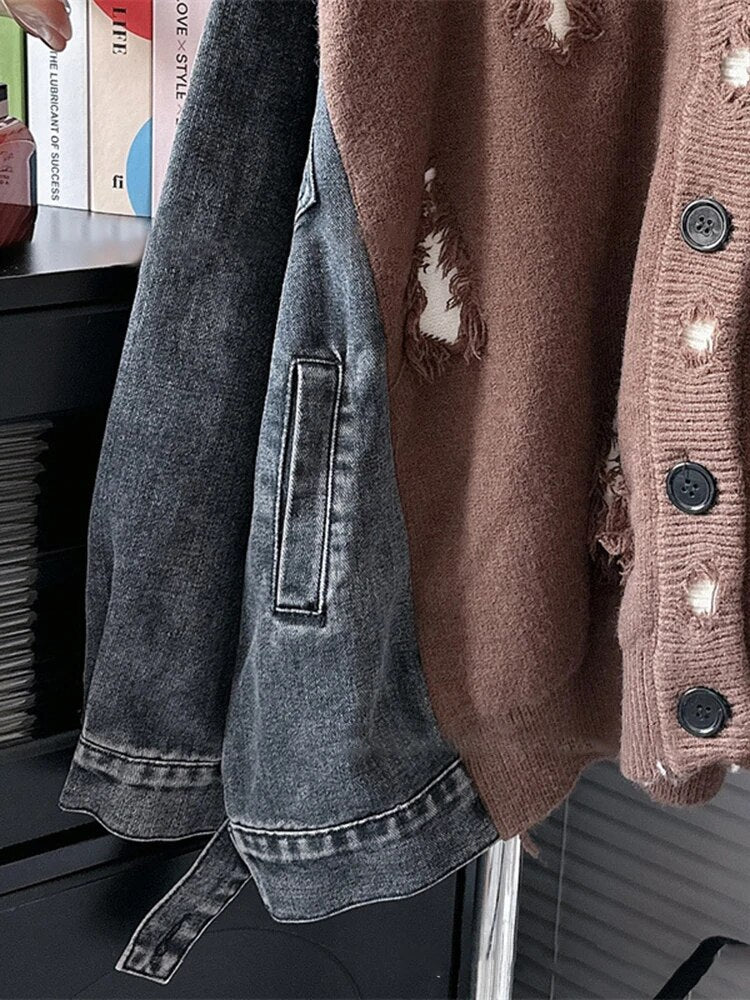 Colorblock Spliced Denim Sweaters For Women V Neck Long Sleeve Patchwork Single Breasted Vintage Sweater Female