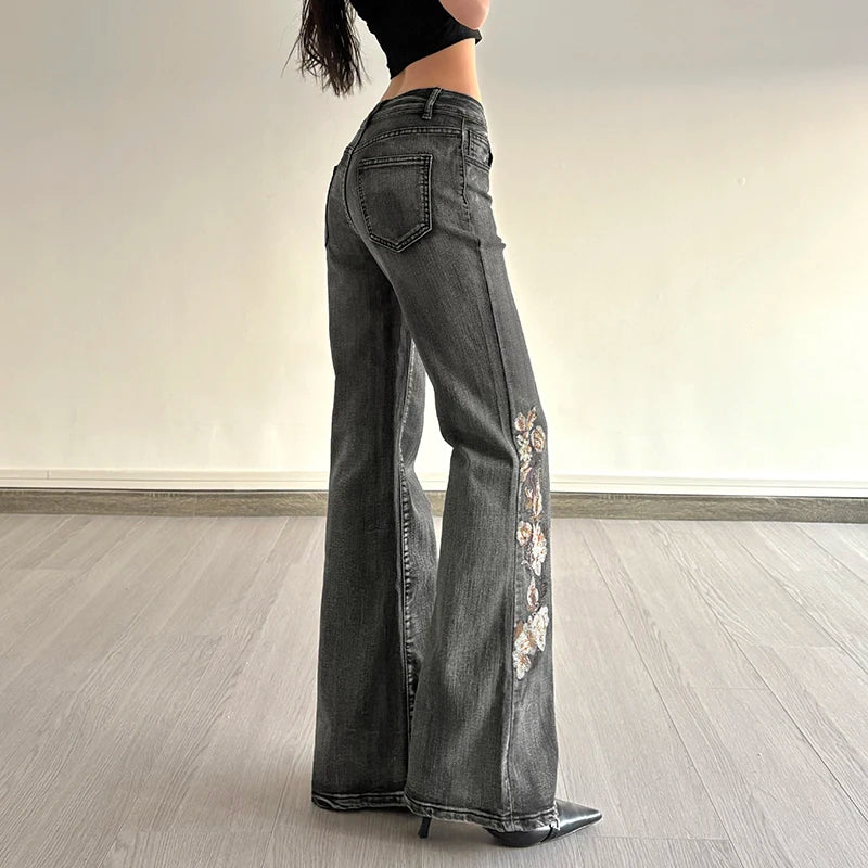Vintage Floral Sequin Embroidered Flared Jeans Women's Full Lenght Low Waist With Pockets Denim Trousers Bottoms Chic