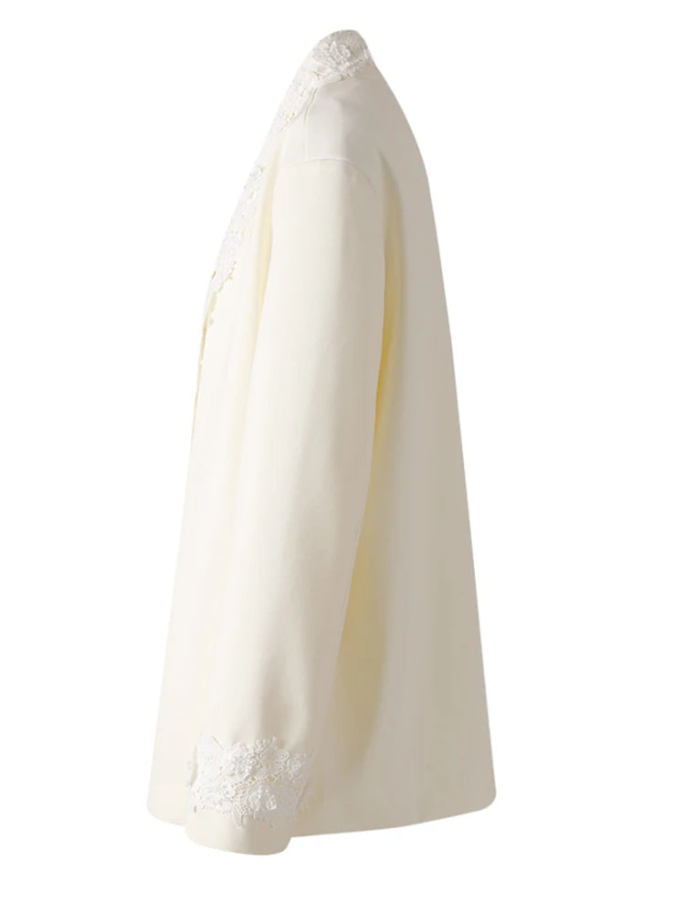 Women Apricot Lace Big Size Vintage Elegant Blazer New V-neck Long Sleeve Jacket Fashion Tide Spring Autumn 2025 CPG3179