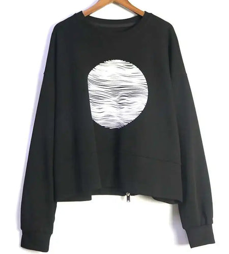 Black Printed Back Zipper Sweatshirt New Round Neck Long Sleeve Women Big Size Fashion Tide Spring Autumn 2025 1DJ0624