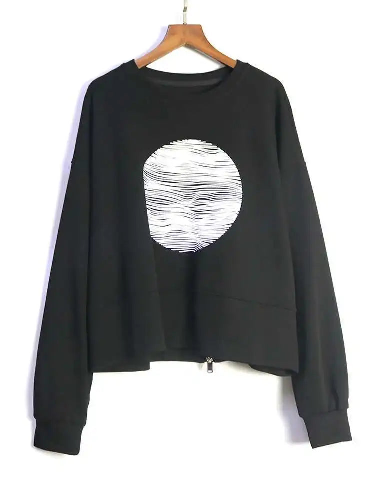 Black Printed Back Zipper Sweatshirt New Round Neck Long Sleeve Women Big Size Fashion Tide Spring Autumn 2025 1DJ0624