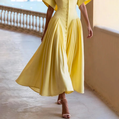 Load image into Gallery viewer, Woman Summer Elegant Midi Dresses 2025 High Waist Lapel Neck Short Sleeves Buttoned Flowy A Line Shirt Dress for Women
